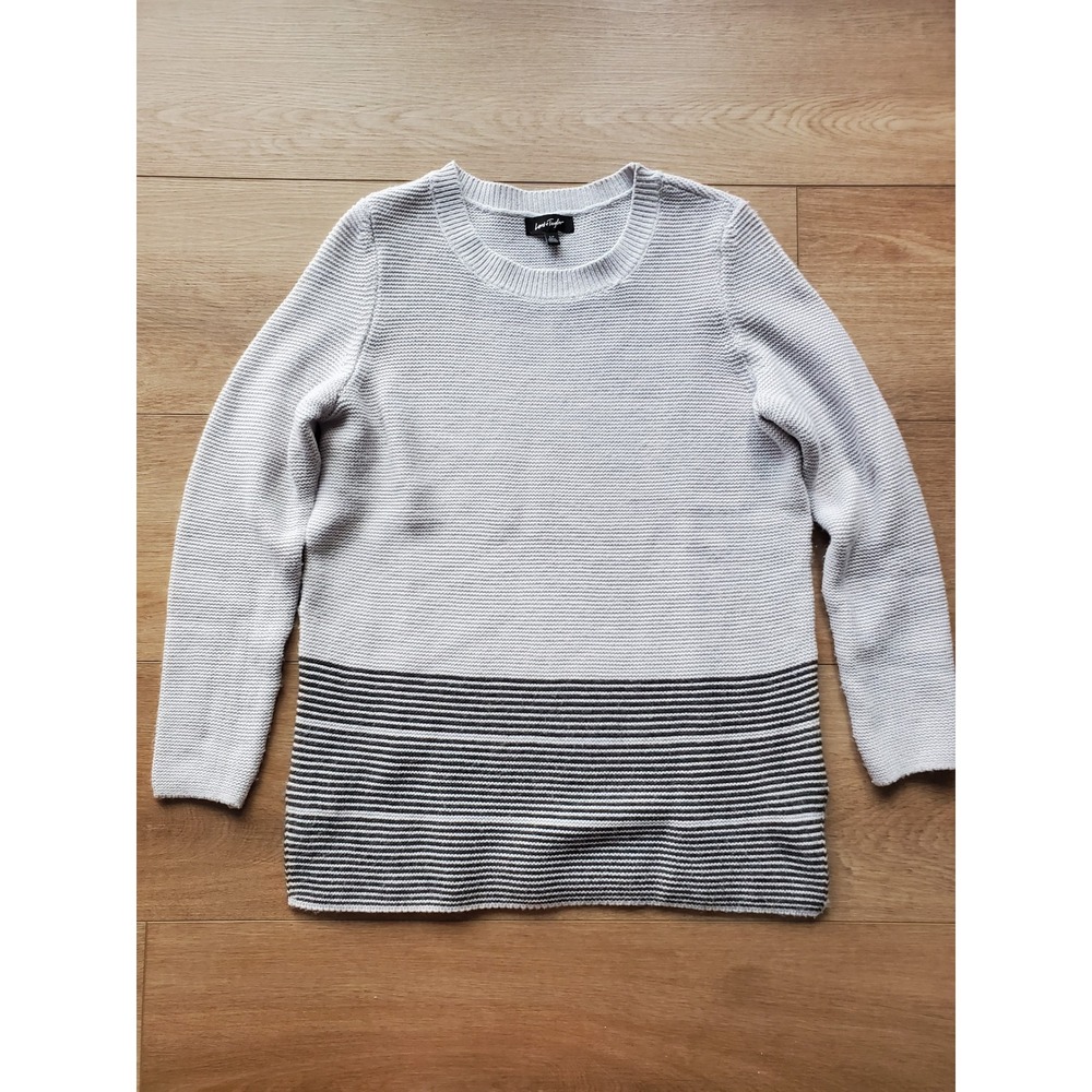 Lord & Taylor Womens Grey Striped, Knit Crew Neck long Sweater Size Small